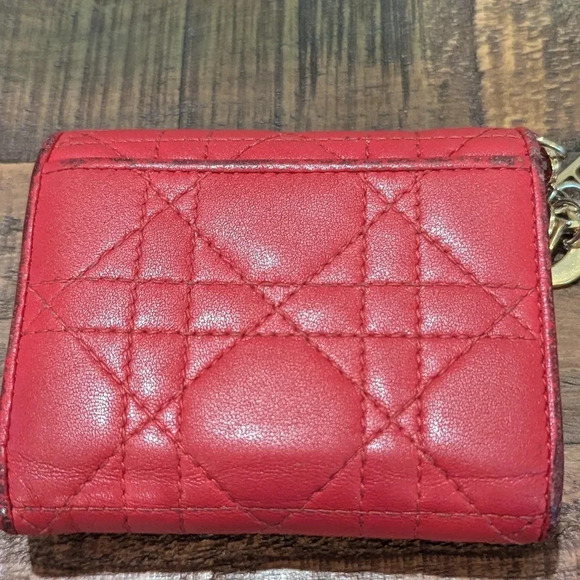 Authentic Christian Dior Lady Dior Cannage Trifold Wallet Lamb Skin Red - Picture 2 of 14